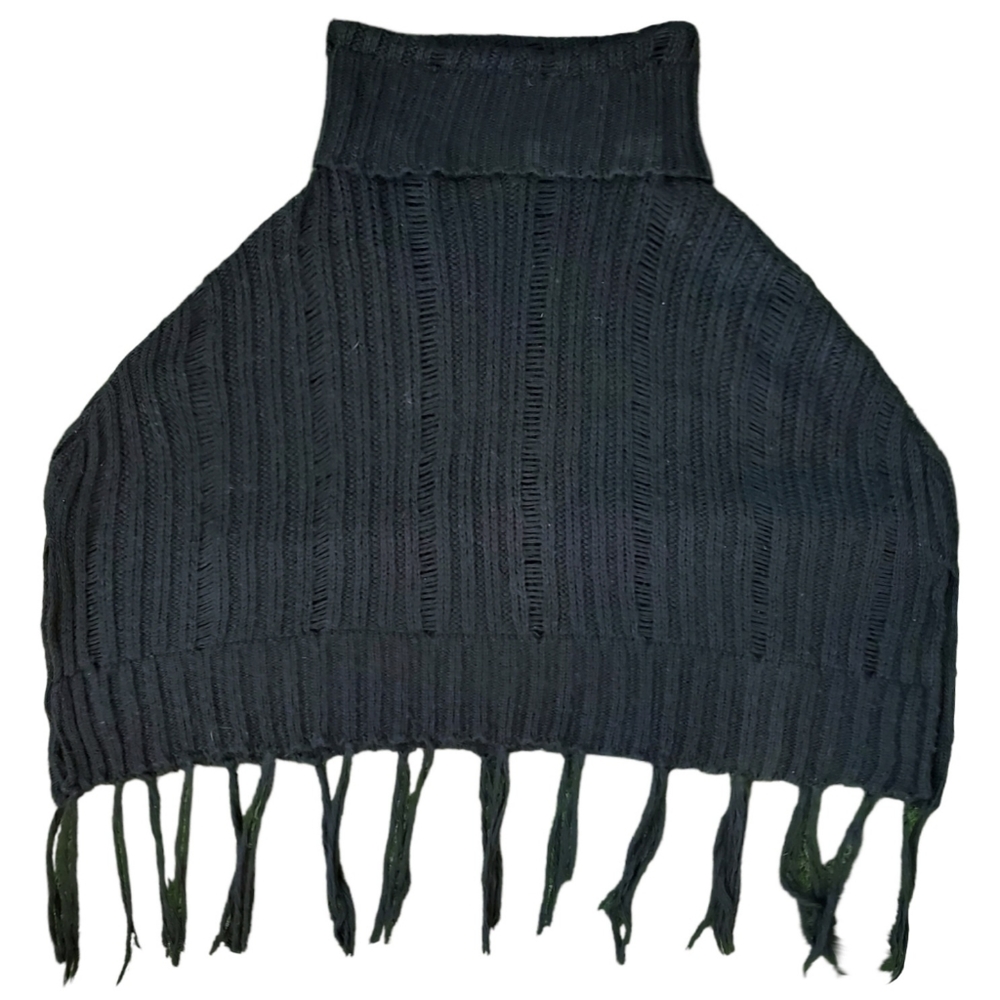 Black Poncho Cape Chunky Crochet Knit Turtleneck Early 2000s Y2k Neutral Autumn